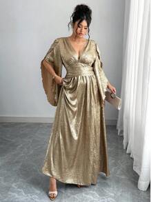 Elenzga Đầm bó eo kiểu Pháp thường ngày cỡ lớn dành cho nữ, thích hợp dự tiệc - Vàng - Xem 4