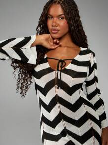 AiiRZ Long Sleeve Zig Zag Pattern Knit Sweater Dress Winter Fall V Neck Tie Front Bodycon Midi Length Holiday Party Evening Occasion - Black and White - View 3