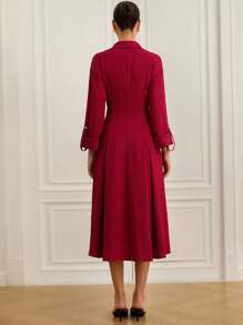 Revavyn Vestido de mujer de manga larga con cuello en V, de tela texturizada, elegante y de lujo para uso diario - Burdeos - Ver 2