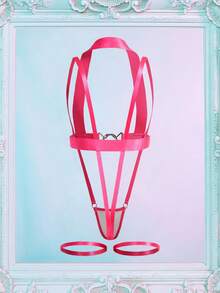 Fantasy Costume 女式性感粉色金属环装饰无袖紧身衣服装 - 玫紅色 - 查看 2