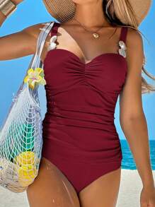 Swim Lushoire 2pcs Sexy Solid Color Halter Metallic Accent Ruched Front Long Tankini Top And High Waist Bikini Bottom Swimwear Set For Summer Beach Vacation - Red - View 4