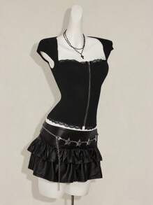 SHEIN ICON Y2k Summer Going Out Burgundy Goth Women's Casual Zipper Crew Neck T-Shirt, Minimalist & Fashionable, Suitable For Summer - Black - View 8