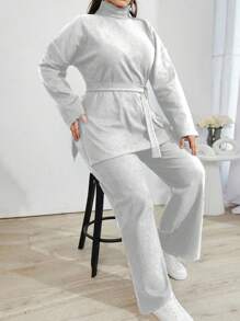 EURMUSE Solid Color Turtleneck Casual Sweater 2pcs/Set - Grey - View 5