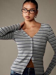 MISSGUIDED Long Sleeve Button Front Ribbed Cardigan V Neck Fitted Cropped Knit Sweater Fall Winter Lightweight Layering Top Retro Y2K Style - Multicolor - View 1