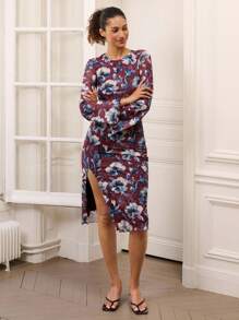 lacRébo 勃艮第红花卉网眼紧身中长连衣裙，长袖和侧开衩，教师装，办公室装，商务休闲装 - 彩色 - 查看 6