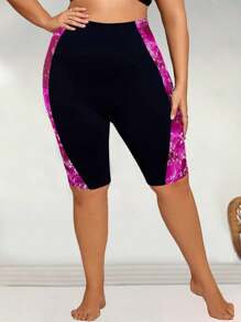 Swim Lushoire Plus Size Women's Printed Splice Mid-Thigh Length Swim Shorts, Beach Party Holiday Swimwear For Summer Beach Vacation