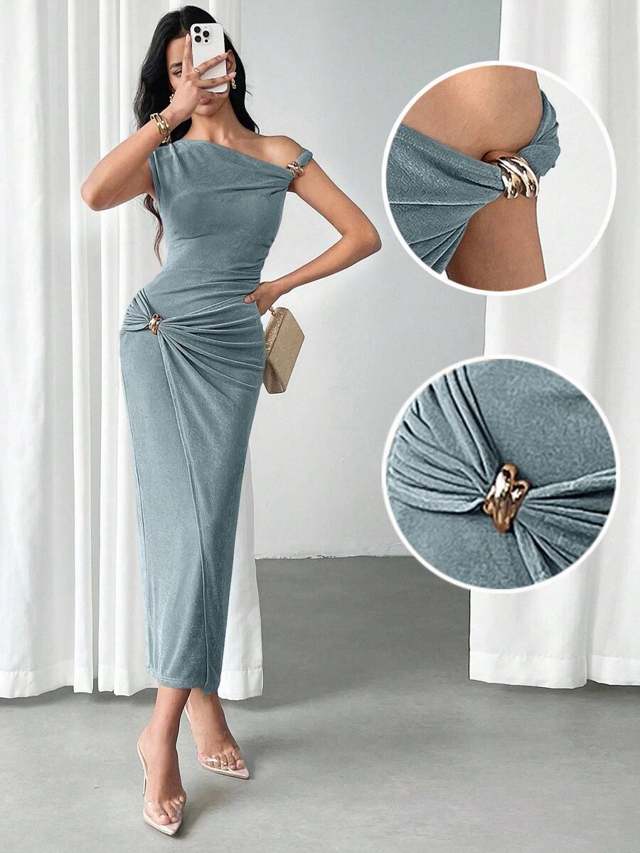 Modelyn 女式金属扣装饰修身连衣裙 - 綠色 - 查看 1