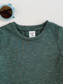 Bộ 2 món áo len cổ tròn tay ngắn và quần cạp chun màu xanh lá cây cho bé trai/bé gái mùa xuân/hè, chất liệu vải mềm mại và co giãn, thích hợp mặc khi đi chơi, đi nghỉ, đi học và ở nhà - Màu xanh Bạc hà - Xem 3