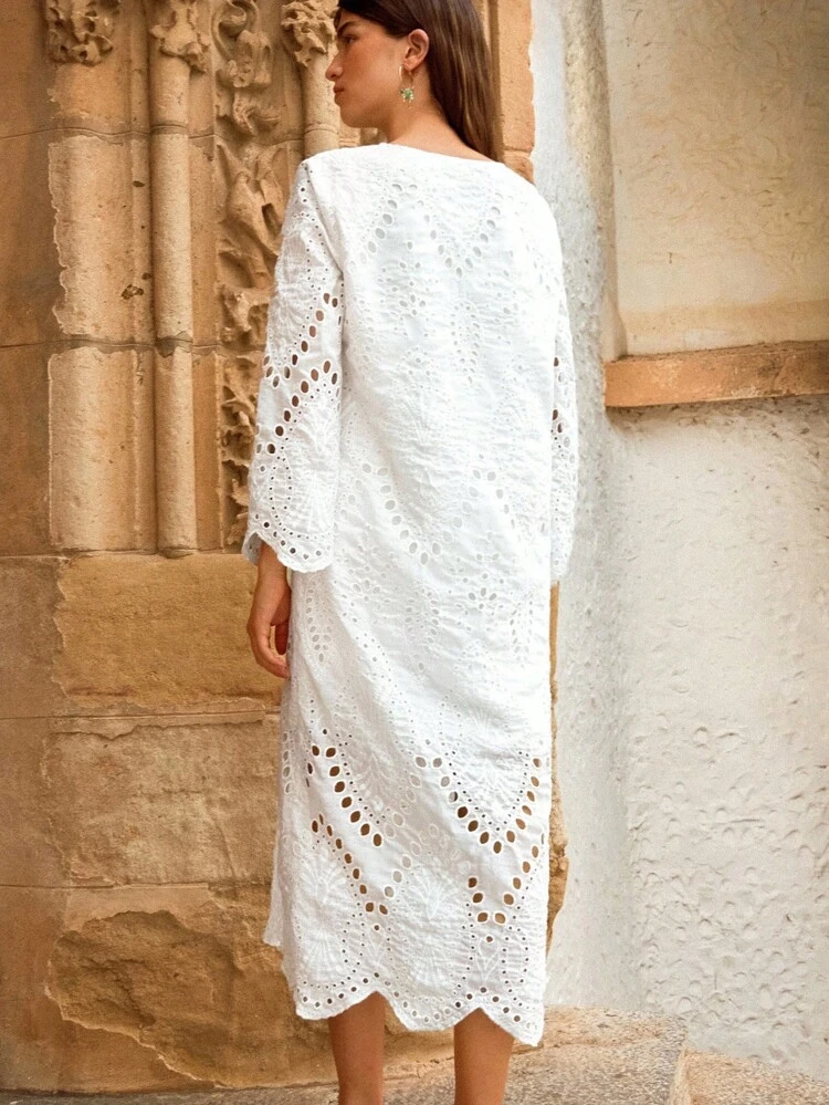 SHEIN Maija Women Casual Loose Solid Color Long Sleeve Dress, Minimalist Style For Daily Wear Eyelet Dress Women Eyelet Blouse Crochet Cover Up Dress White Beach Cover Up Women White Modern Vacation Nomadic Casual Fashion All-Match Women's Country Concert Western Style Women's Nomadic Style Bohemian High-End Elegance All-Match Country Concert Modern Holiday Fashion Design, Comfortable Beach Beach, Bohemian Style Business Casual Women's Office Wear Western Style Clothing, High-Grade Fabric, Comfortable