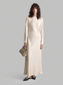 Ontre Váy công sở đa năng, thiết thực mới 2025 dành cho nữ, cổ tròn tay dài bằng vải satin, váy suông màu trơn thanh lịch, trang phục công sở thường ngày, phong cách cổ điển nhẹ nhàng, thời trang sân bay đi làm chất lượng cao - trắng - Xem 2