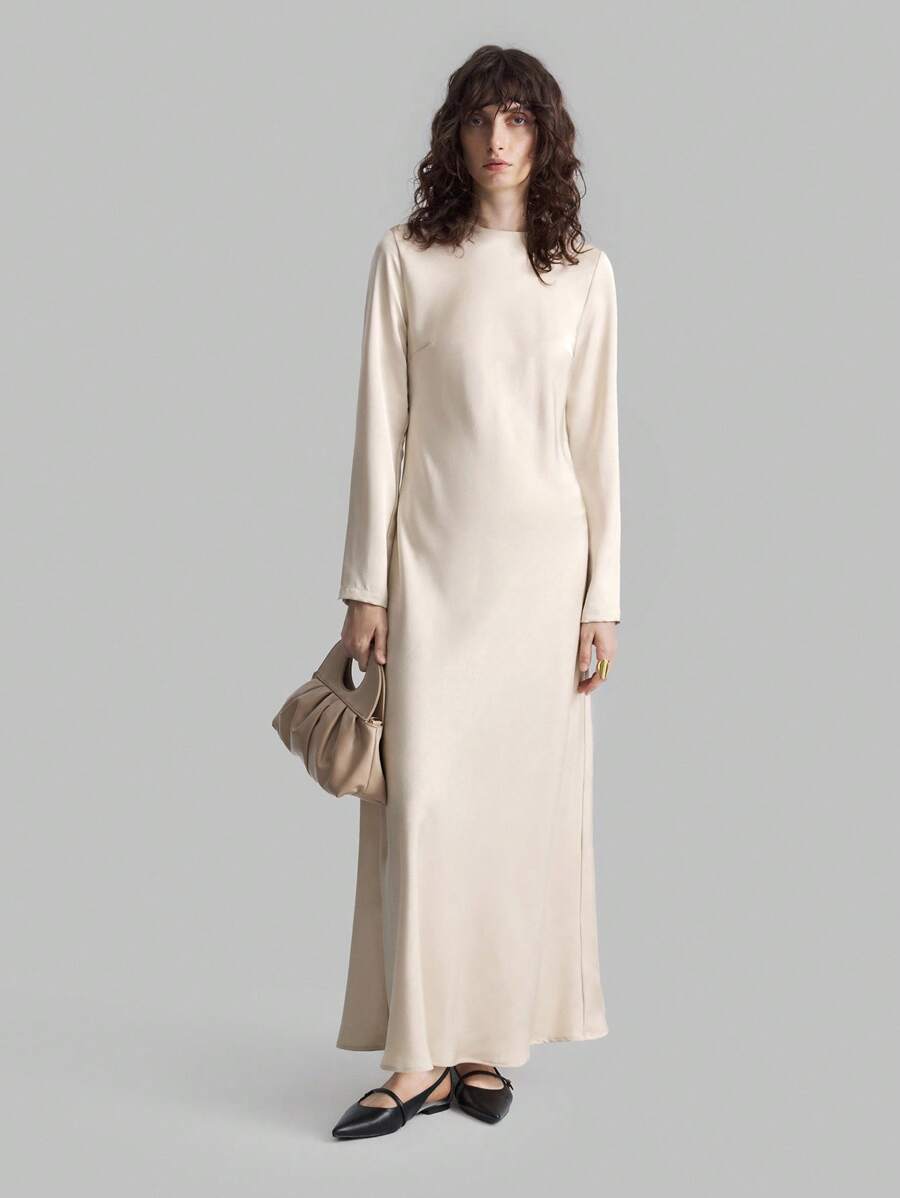 Ontre Váy công sở đa năng, thiết thực mới 2025 dành cho nữ, cổ tròn tay dài bằng vải satin, váy suông màu trơn thanh lịch, trang phục công sở thường ngày, phong cách cổ điển nhẹ nhàng, thời trang sân bay đi làm chất lượng cao