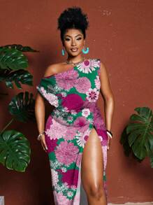 Maweii 加大码彩色花卉印花不对称领口高开叉时尚长裙 - 彩色 - 查看 2