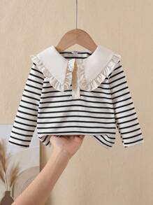 SHEIN Infant Polo Shirt Top, Baby Boy Striped Long Sleeve Crew Neck T-Shirt, Elegant Spring/Autumn New Style Undershirt Fall Winter - Black and White - View 3