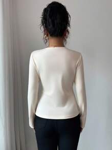 Elenzga Women's Asymmetric Collar Button Design Ruched Long Sleeve T-Shirt Fall Cloth For Women - Apricot - View 2