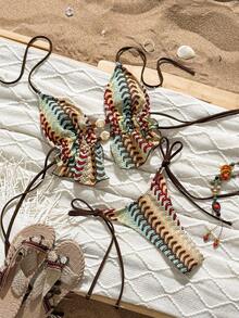 Swim SXY 2025 夏季时尚纹理面料性感可爱石珠装饰波西米亚印花吊带比基尼两件套女式泳衣 - 彩色 - 查看 4