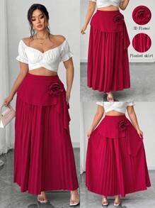 SHEIN Unity 大码女式优雅纯色3D花卉高腰褶皱A字长裙 - 酒紅色 - 查看 1