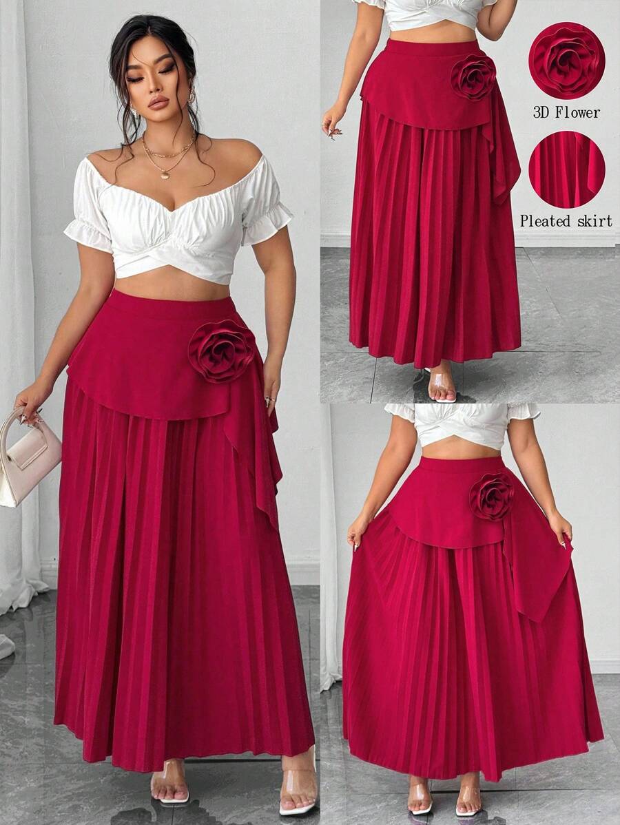 SHEIN Unity 大码女式优雅纯色3D花卉高腰褶皱A字长裙 - 酒紅色 - 查看 1