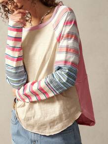 Bohemela 女式休闲条纹插肩长袖针织圆领T恤 - 彩色 - 查看 3