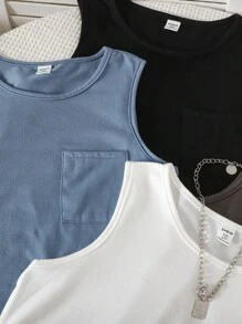 Back To School Fashion 4pcs/Set Big Girl Casual Knit Round Neck Camisole, Mist Blue, Milky White, Light Gray, Dark Gray, Spring/Summer Boys Sleeveless Tops Boys Summer Tank Tops Boys Tank Tops - Multicolor - View 4