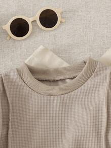 SHEIN 2pcs Baby Boy Toddler Newborn 0-3 Years Old Casual Everyday Waffle Knit Crew Neck Sweatshirt And Pants Set, Beige And Khaki Fall Winter - Khaki - View 3