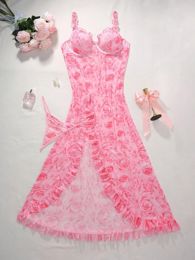 SHEIN 2 pièces Ensemble de nuisette fendue sexy à imprimé rose pour femmes - Rose bonbon - Voir 6