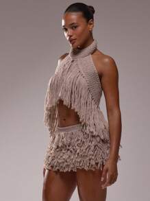 MUSERA Áo len dệt kim tua rua cổ choker, thích hợp cho mùa hè, đi Ibiza, kỳ nghỉ, lễ hội, áo len gợi cảm, áo len mùa xuân, áo len đi nghỉ mát, lễ hội hóa trang. - Màu be - Xem 4