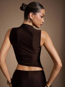 Hauture 女士深棕色亮面镂空链条装饰上衣 - 棕色 - 查看 5