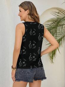 Glamance BiGraphic 女士休闲音符印花圆领背心，适合外出穿着 - 黑色 - 查看 2