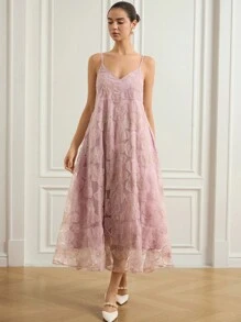 Aveloria Rosie 奢华小众亮片镂空花卉 3D 串珠刺绣连衣裙，女式长礼服 - 藕粉色 - 查看 6