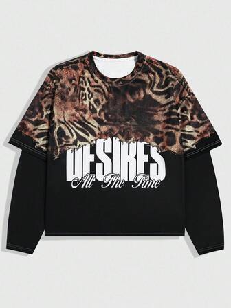 Street Life Camiseta de manga larga con estampado de letras y leopardo para hombre, estilo años 2000