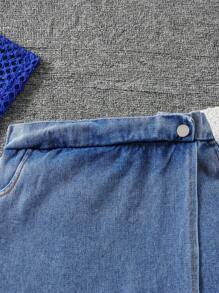 3pcs/Set Teen Girl Casual Daily Street Style Camisole Top, Denim Skort, And Hollow Out Bell Sleeve Top, Spring/Summer Fall Winter - Royal Blue - View 6
