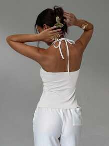Aloruh Women's Solid Color Halter Neck Ruched Backless Asymmetric Hem Camisole,Halter Top - White - View 2