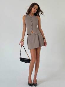 Aloruh Solid Color Round Neck Front Button Sleeveless Top And Mini Skirt Elegant 2 Pieces Set In Fall/Winter