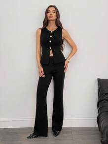 SHEIN Tall 2pcs Women Casual Commuter Sleeveless Top And Slim Flare Pants Knit Sweater Set Black Two Pieces Set In Fall/Winter, Tall Women - Black - View 7
