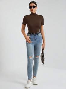 SHEIN Tall Women's Solid Color Basic Black Turtleneck Short-Sleeved T-Shirt - Brown - View 4