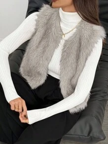 SHEIN Tall Women's Solid Color Open Front Fluffy Vest Jacket For Winter Fur Vest