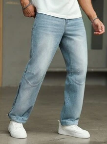 Manfinity Homme Light Wash Straight Leg Patchwork Zipper Denim Jeans, Casual Street Style, Spring/Summer - Blue - View 1