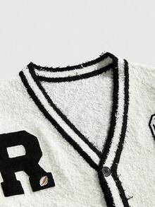 ROMWE MEN Street Life Men's Casual Daily Letter Patch Knit Cardigan, Autumn/Winter