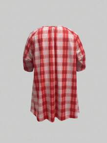 INAWLY Damen Große Größen Kariertes Kleid mit V-Ausschnitt, Puffärmeln und locker geschnittenem lässigen Stil für den Sommer - Rot - Übersicht 2