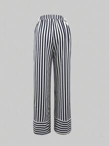 INAWLY Women's Casual Colorblock Striped Straight-Leg Pants - Blue and White - View 2