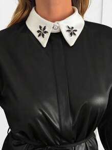 EURMUSE 2pcs/Set Women Rhinestone Collar Detailed Elegant Loose Long Sleeve Shirt And Wide Leg Pants Black Elegant Suit - Black - View 4