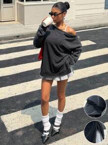 Muchica Fall Clothes Back To School Homecoming  Casual  Black Batwing Sleeve Loose Sweatshirt - Black - View 5