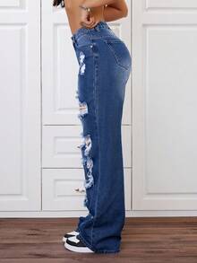 SHEIN ICON Quần jeans ống đứng rách cá tính cỡ lớn dành cho nữ, phong cách đường phố thời trang cho mùa hè - Rửa tối - Xem 4