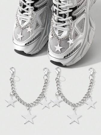 Grunge Punk 2pcs Y2K Minimalist Fashionable High-End Hollow Silver Chain Star/Heart Pendant DIY Shoelace Shoe Decor Combo Set, Suitable For Women/Girls Daily Wear, Holiday Gift