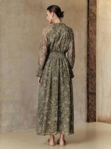 Arave 编织花卉印花圆领荷叶边饰 V 领长喇叭袖优雅休闲户外通勤度假女士连衣裙，春夏秋季 - 綠色 - 查看 4