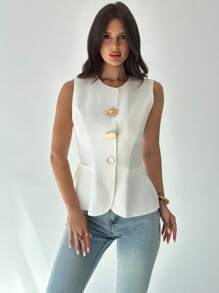 Firerie Women's Elegant Refined Daily Commute Fashion Metal Button Decor Sleeveless Fitted White Shirt Blouse - White - View 7