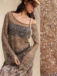 Easelle Damen sexy Flügelärmelige Pailletten durchscheinende lose T-Shirt, Gürtel nicht enthalten - Braun - Übersicht 1