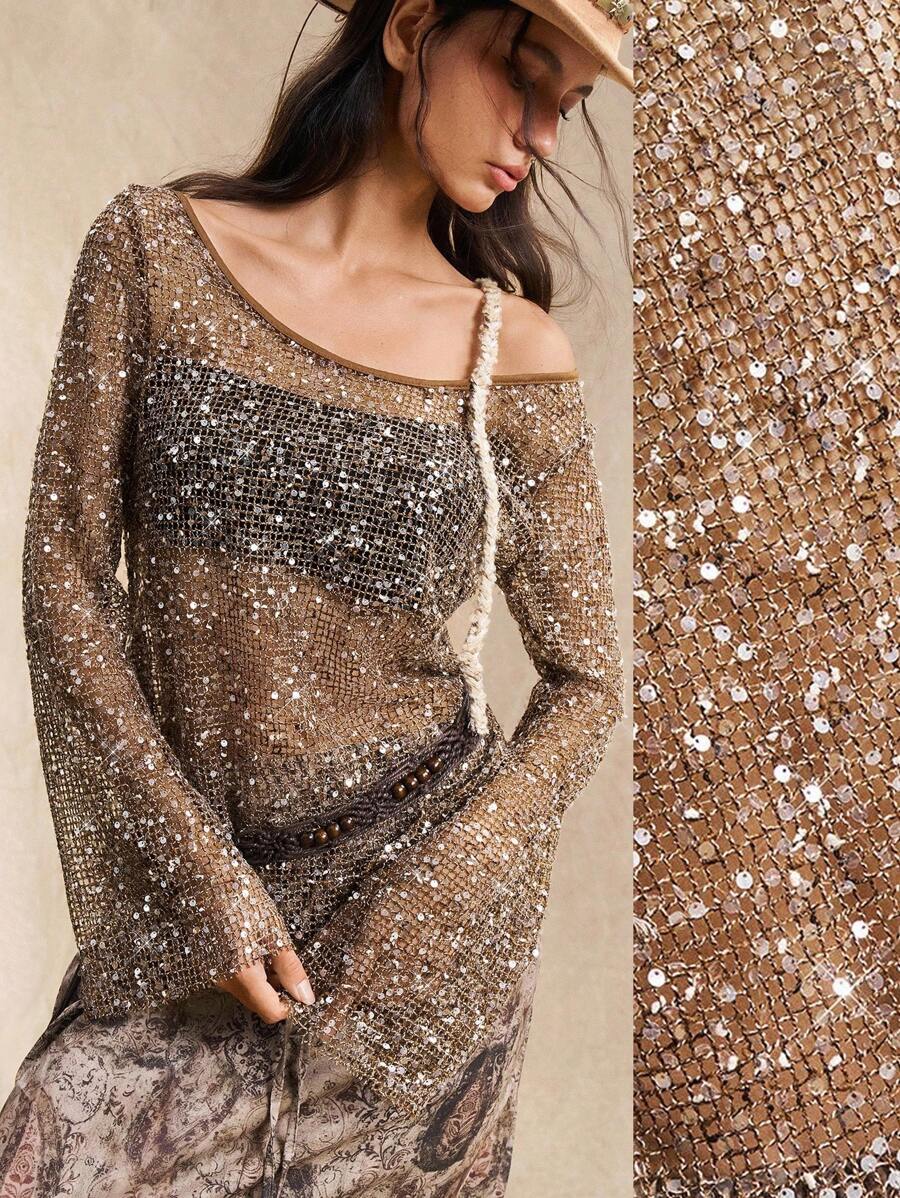 Easelle Damen sexy Flügelärmelige Pailletten durchscheinende lose T-Shirt, Gürtel nicht enthalten - Braun - Übersicht 1