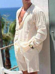 Manfinity RSRT 男士纯色单排扣衬衫和短裤套装，带口袋，秋季服装，舒适服装