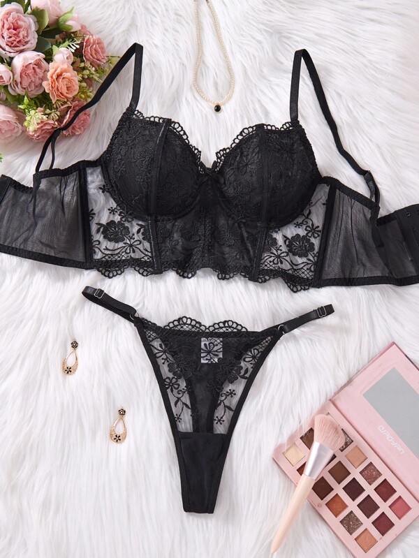 Elegant Black Lace Three-Piece Lingerie Set With Sheer Floral Details Lace Bra Set Black Lace Lingerie Set Floral Lace Lingerie Set